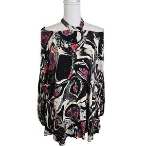 Free People Drift Away Mini Dress Tunic Small‎ Psychedelic Retro Cold Shoulder